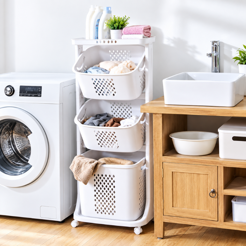 Panier à Linge Vertical Fin avec roulettes et étagère de Rangement