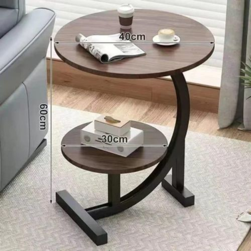 Table D'appoint Ronde À 2 Niveaux, Table Basse En Bois En Forme De C For Canapé De Salon, Balcon, Étagère