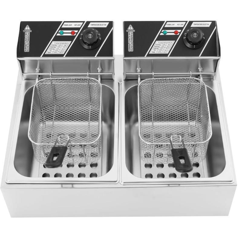 Friteuse électrique en acier inoxydable à double réservoir, 12 l, avec 2 réservoirs, tête de friteuse rotative et 2 couvercles, pour restaurants, cafés