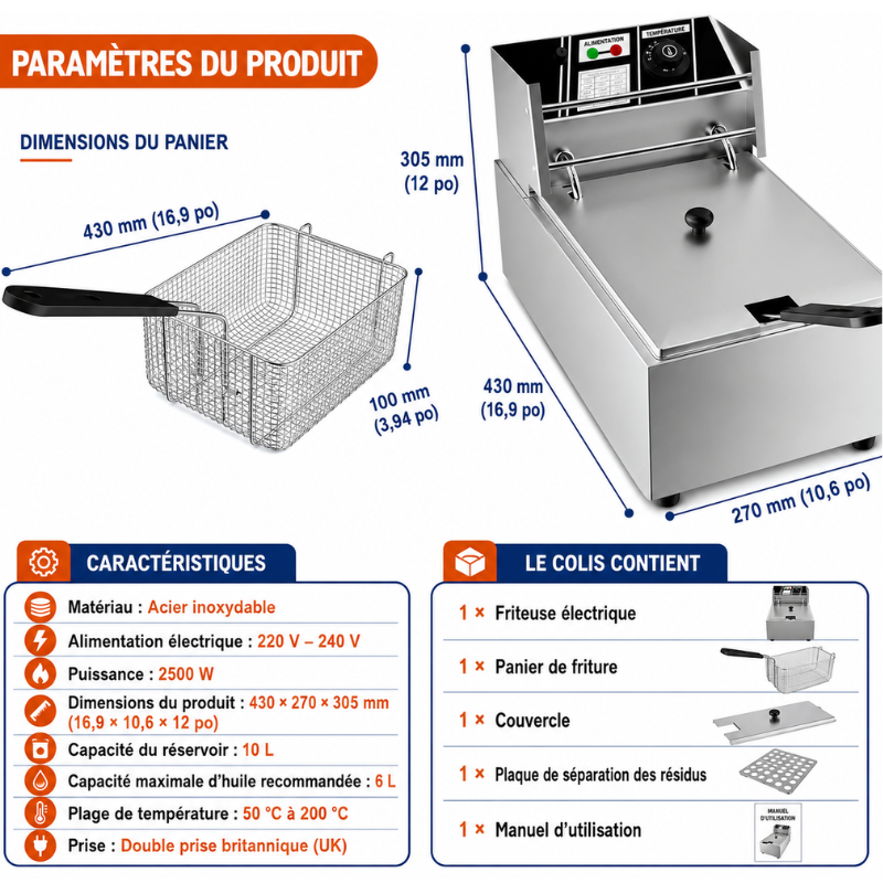 Friteuse Électrique Commerciale 2500W 6L en Acier Inoxydable avec Zones Froides, à Huile pour Restaurants, Cafés, Snack-Bars