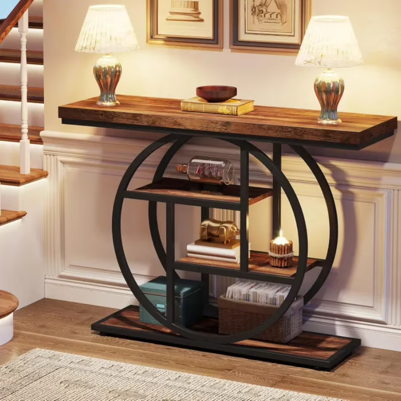 Console Design à 4 Niveaux en Bois avec Étagères de Rangement