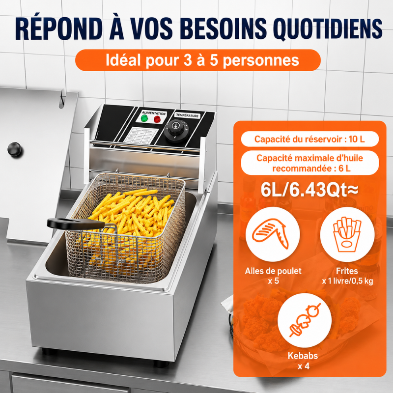 Friteuse Électrique Commerciale 2500W 6L en Acier Inoxydable avec Zones Froides, à Huile pour Restaurants, Cafés, Snack-Bars