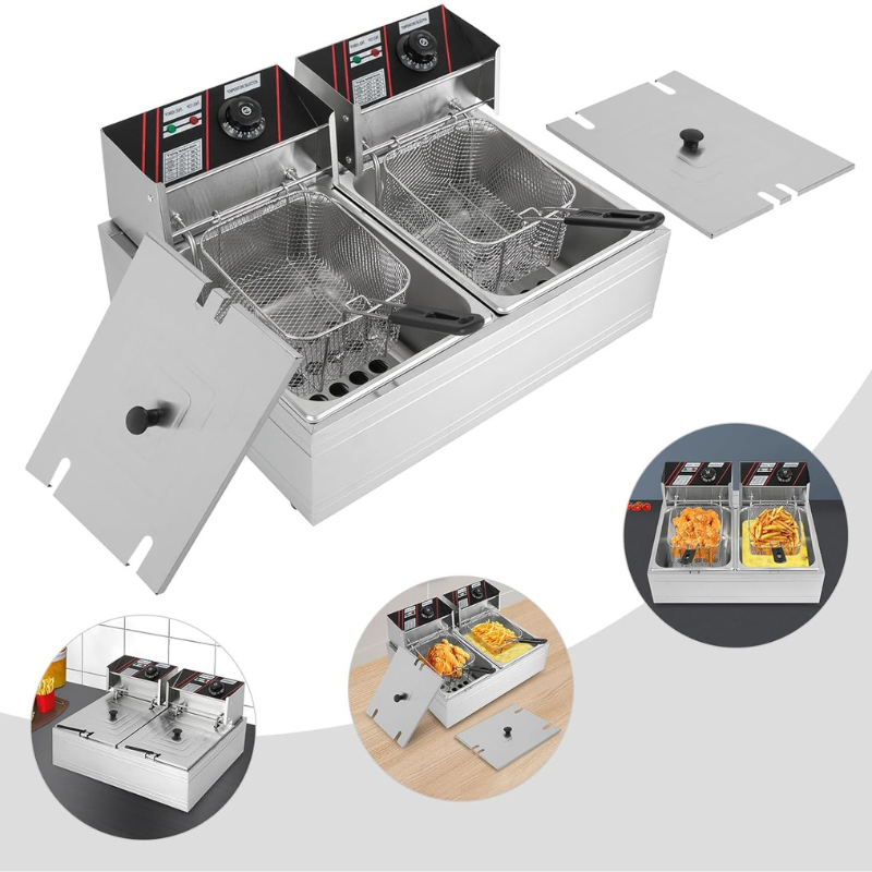 Friteuse électrique en acier inoxydable à double réservoir, 12 l, avec 2 réservoirs, tête de friteuse rotative et 2 couvercles, pour restaurants, cafés