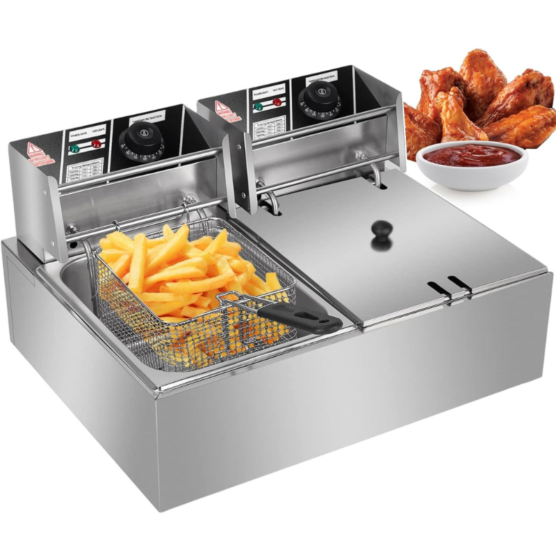 Friteuse électrique en acier inoxydable à double réservoir, 12 l, avec 2 réservoirs, tête de friteuse rotative et 2 couvercles, pour restaurants, cafés