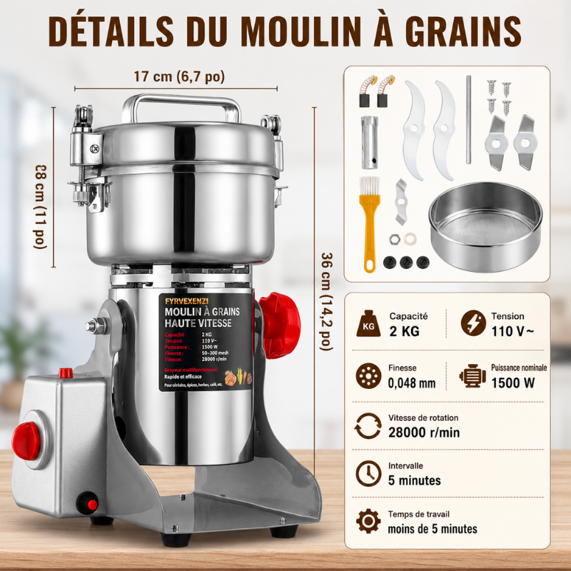 2 KG Moulin À Grains Électrique Acier Inoxydable Moulin À Céréales Swing Type Machine De Meulage À 3 Lames Haute Vitesse Moulin A Farine