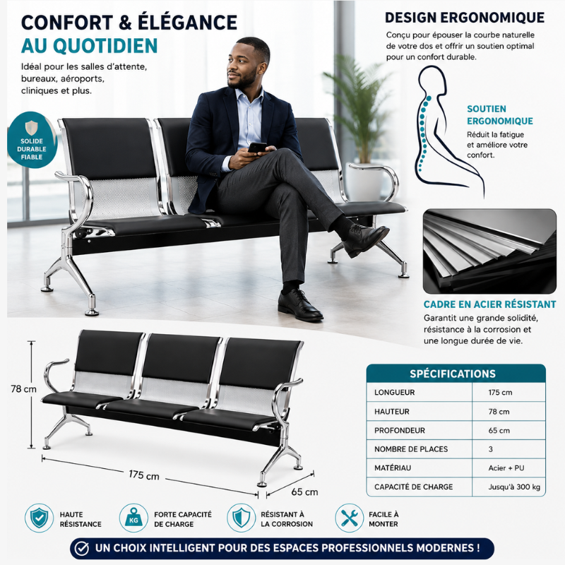 Chaise d’Attente Prestige 3 Places 1M75