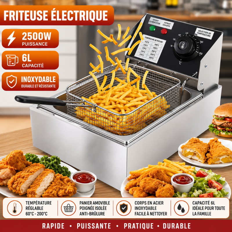 Friteuse Électrique Commerciale 2500W 6L en Acier Inoxydable avec Zones Froides, à Huile pour Restaurants, Cafés, Snack-Bars