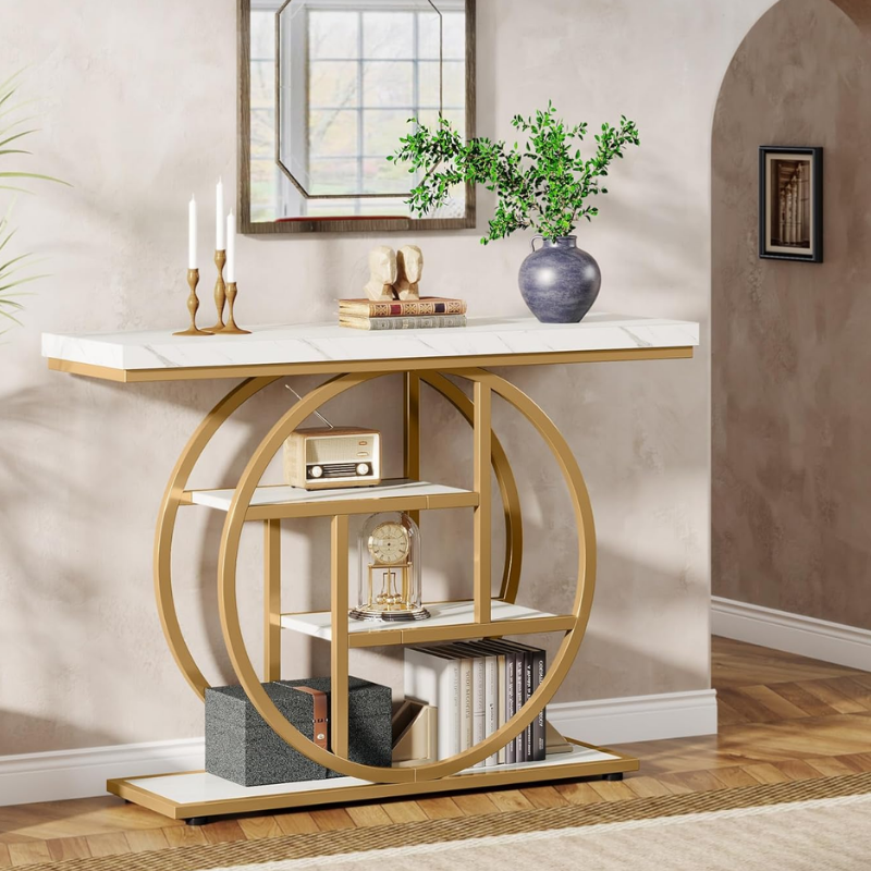 Console Design à 4 Niveaux en Bois avec Étagères de Rangement