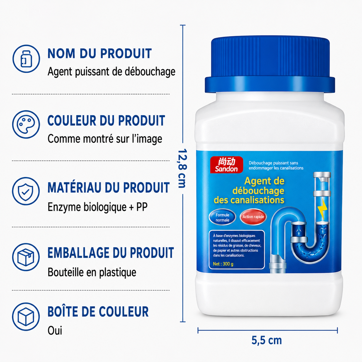 Poudre déboucheur pour égouts, cuisines et toilettes