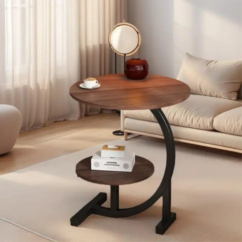 Table D'appoint Ronde À 2 Niveaux, Table Basse En Bois En Forme De C For Canapé De Salon, Balcon, Étagère