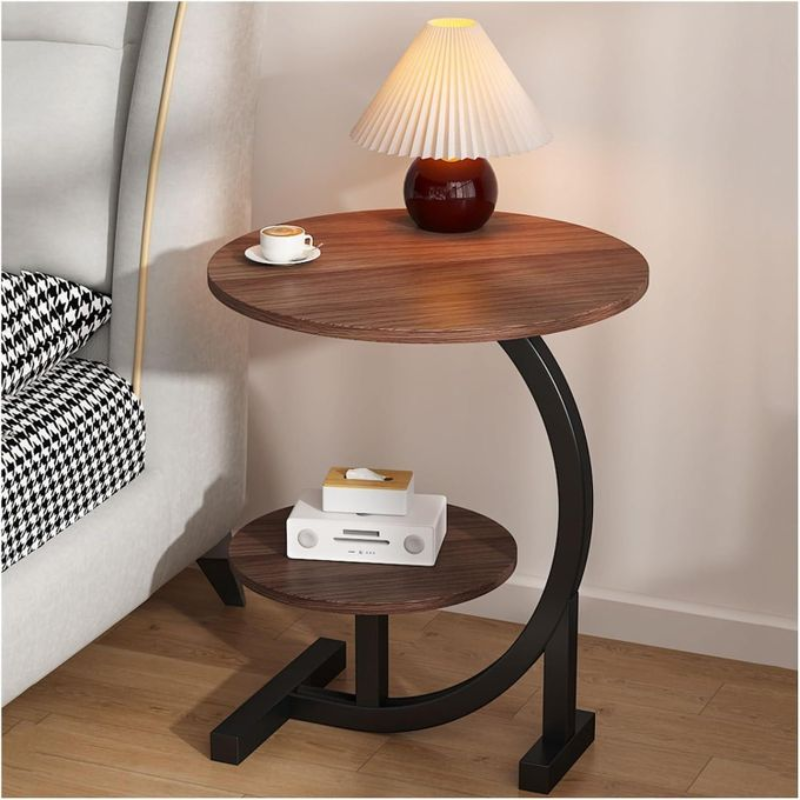 Table D'appoint Ronde À 2 Niveaux, Table Basse En Bois En Forme De C For Canapé De Salon, Balcon, Étagère