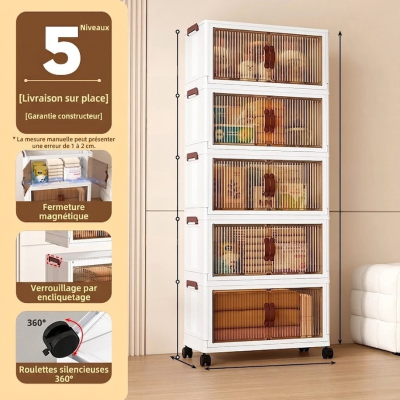 Armoire de Rangement Anti-Poussière à 5 Étages avec Roulettes
