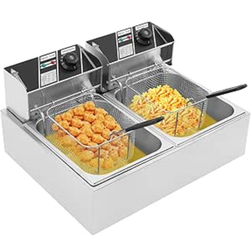 Friteuse électrique en acier inoxydable à double réservoir, 12 l, avec 2 réservoirs, tête de friteuse rotative et 2 couvercles, pour restaurants, cafés
