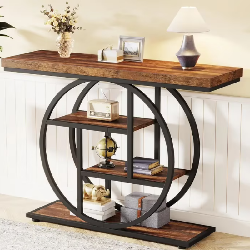 Console Design à 4 Niveaux en Bois avec Étagères de Rangement