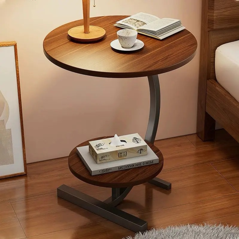 Table D'appoint Ronde À 2 Niveaux, Table Basse En Bois En Forme De C For Canapé De Salon, Balcon, Étagère