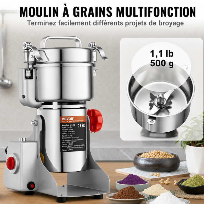 500g Moulin À Grains Électrique Acier Inoxydable Moulin À Céréales Swing Type Machine De Meulage À 3 Lames Haute Vitesse Moulin A Farine
