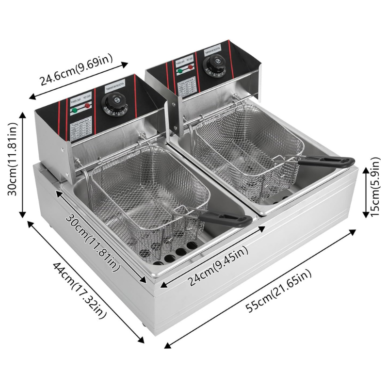 Friteuse électrique en acier inoxydable à double réservoir, 12 l, avec 2 réservoirs, tête de friteuse rotative et 2 couvercles, pour restaurants, cafés