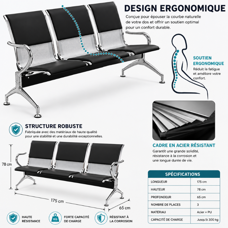 Chaise d’Attente Prestige 3 Places 1M75