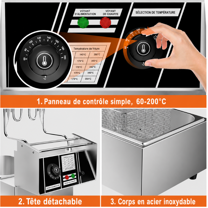 Friteuse Électrique Commerciale 2500W 6L en Acier Inoxydable avec Zones Froides, à Huile pour Restaurants, Cafés, Snack-Bars