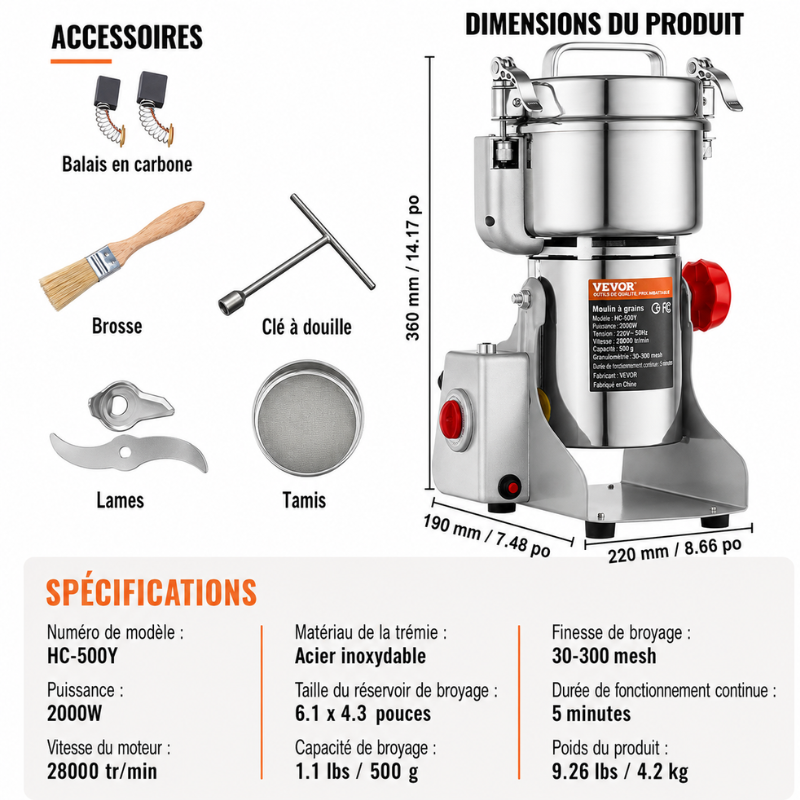500g Moulin À Grains Électrique Acier Inoxydable Moulin À Céréales Swing Type Machine De Meulage À 3 Lames Haute Vitesse Moulin A Farine