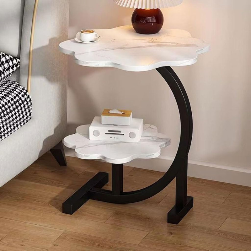 Table d'appoint à deux niveaux en forme de fleur avec étagère de rangement intégrée,