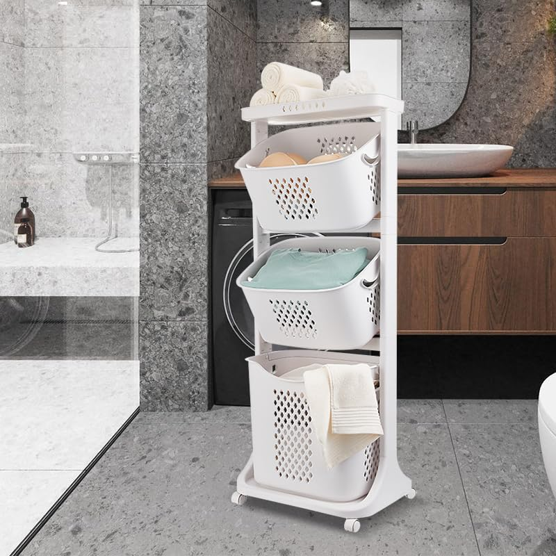 Panier à Linge Vertical Fin avec roulettes et étagère de Rangement