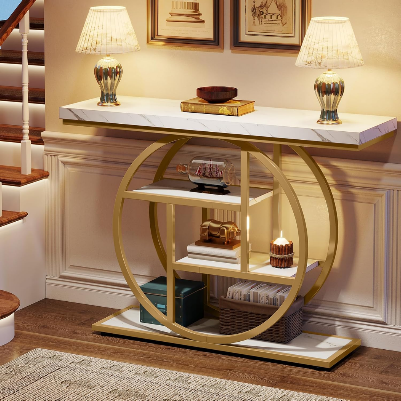 Console Design à 4 Niveaux en Bois avec Étagères de Rangement