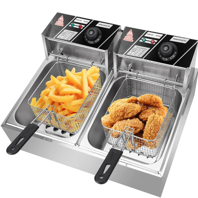 Friteuse électrique en acier inoxydable à double réservoir, 12 l, avec 2 réservoirs, tête de friteuse rotative et 2 couvercles, pour restaurants, cafés