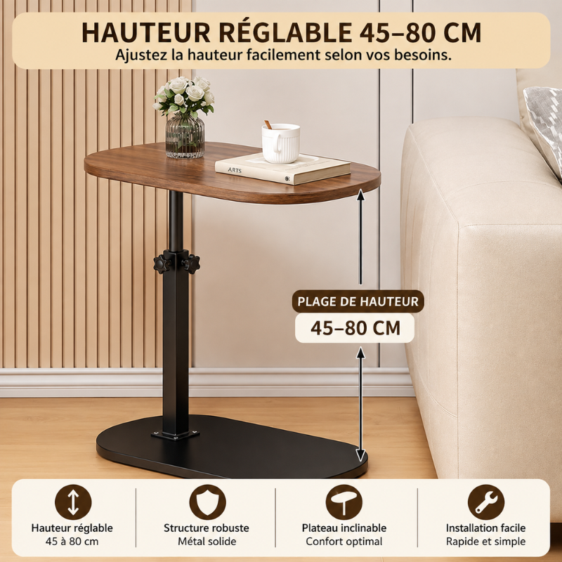 Table d’Appoint ÉLÉGANCE – Hauteur Réglable 45–80 cm